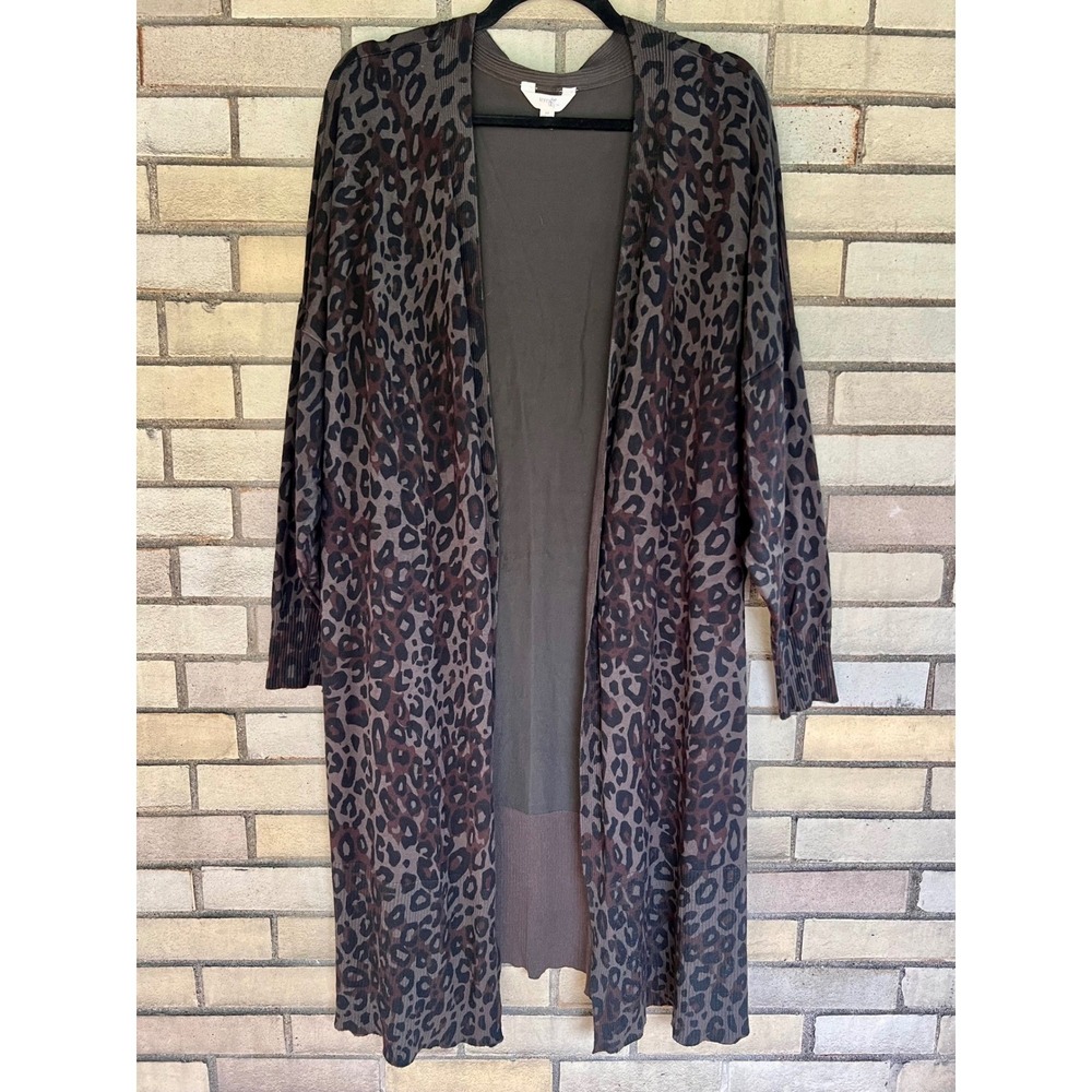 Terra & Sky Leopard Print Open Front Duster Cardigan Olive Brown Sz 2X (20W-22W)